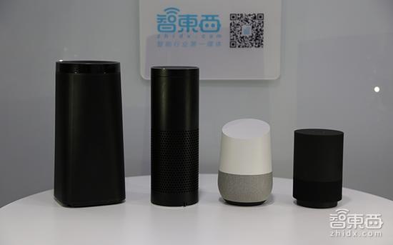 从左依次为叮咚音箱A1、亚马逊Echo、Google Home、天猫精灵X1