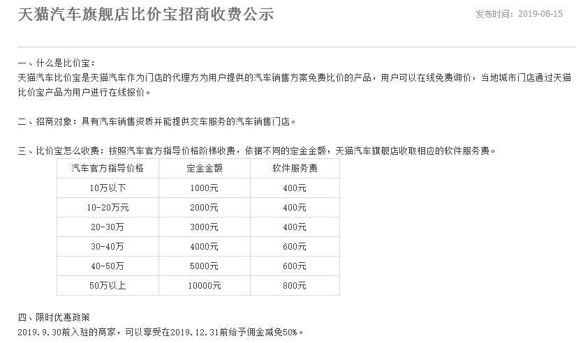 天猫发布汽车旗舰店比价宝招商收费公示_零售_电商报