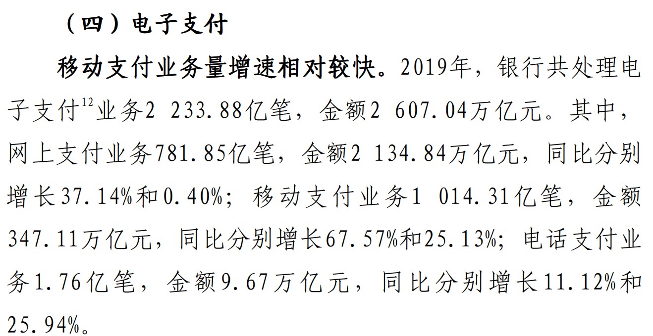 央行：2019年移动支付业务1014.31亿笔 同比增长67.57%_金融_电商报