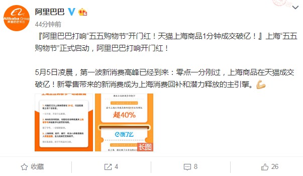 上海“五五购物节”开启 天猫上海商品1分钟成交破亿_零售_电商报