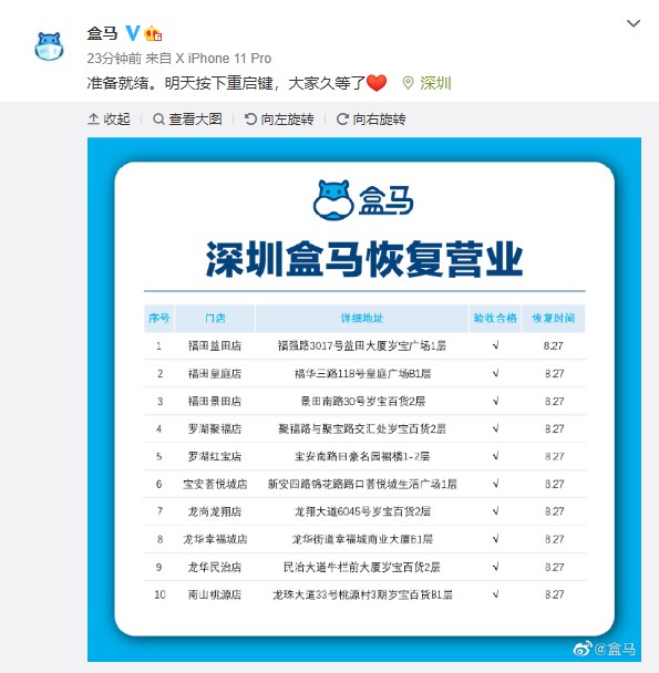 深圳盒马将首批恢复10家门店线上线下服务_零售_电商报