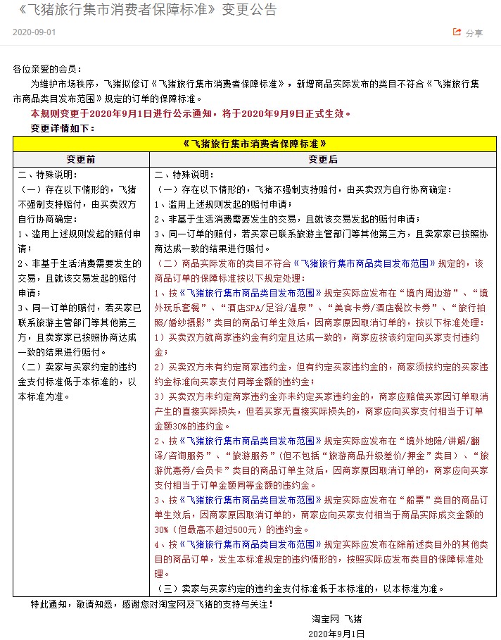 淘宝修订《飞猪旅行集市消费者保障标准》 9月9日生效_零售_电商报