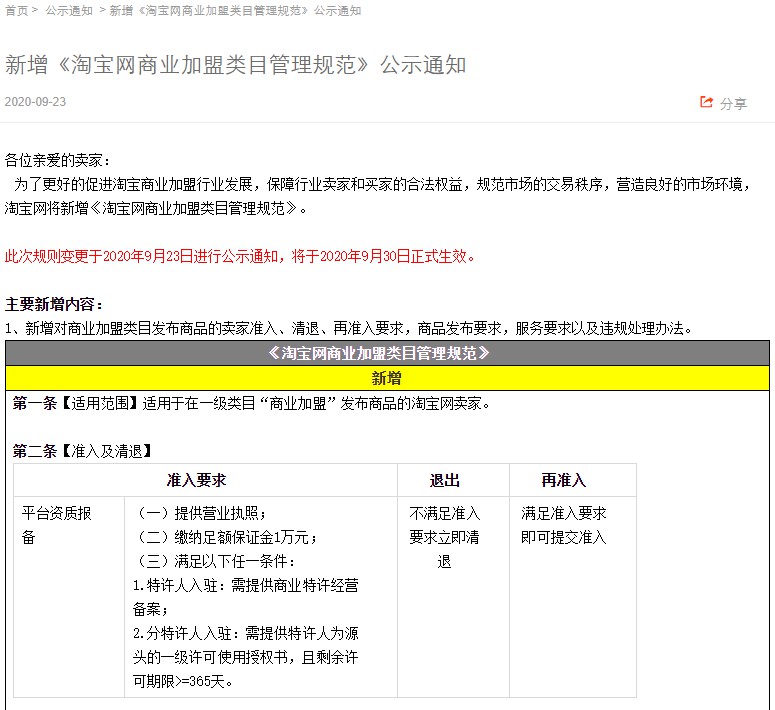 淘宝新增商业加盟类目管理规范 9月30日生效_零售_电商报