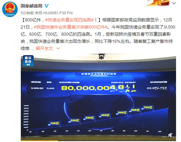 国家邮政局:我国快递年业务量突破800亿件_物流_电商报