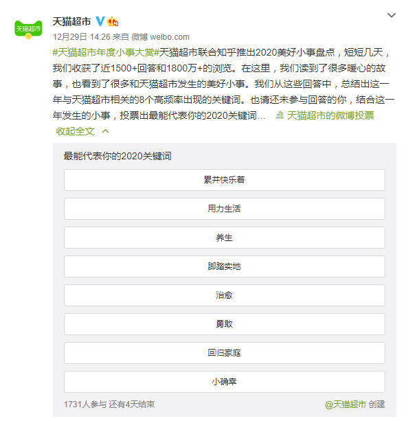 天猫超市：“用力生活”为投票最多年度关键词_零售_电商报