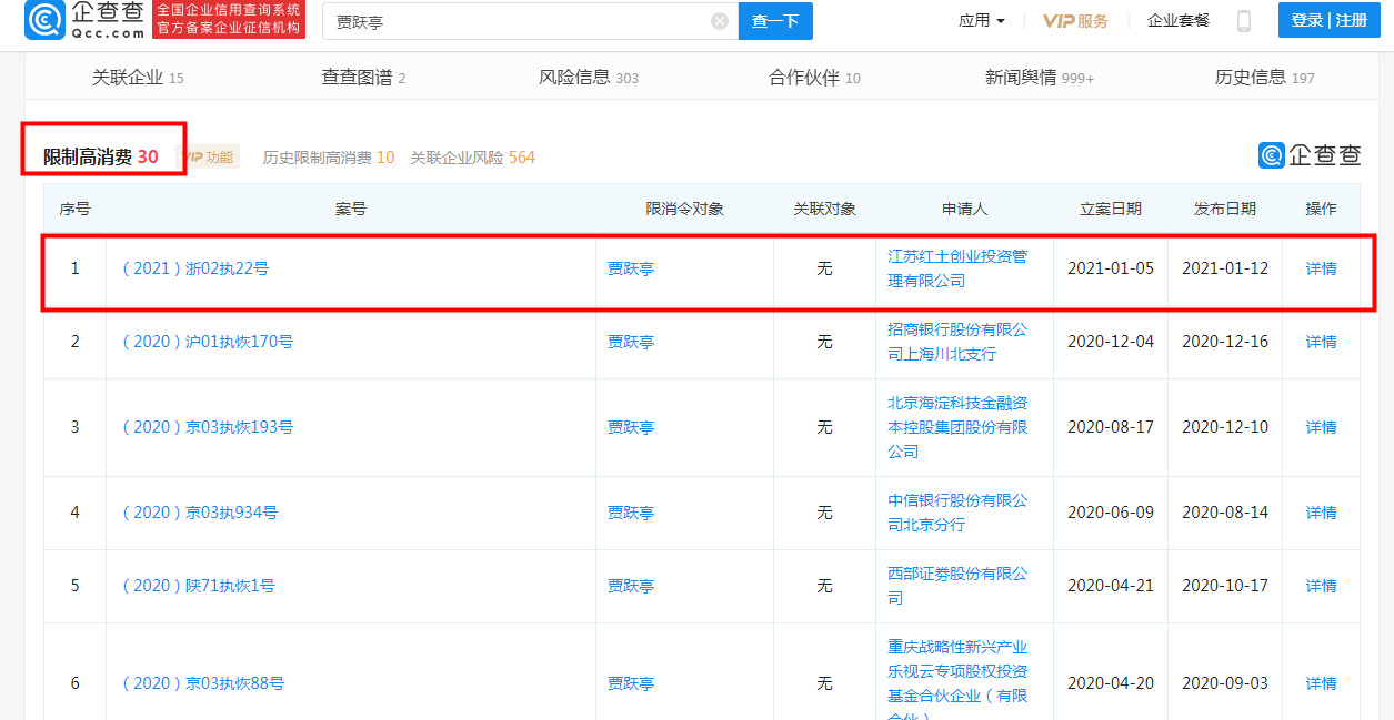 贾跃亭新增限制高消费令 已身负30条限制高消费令_人物_电商报